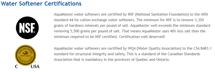 AquaMaster Water Softener Certifications